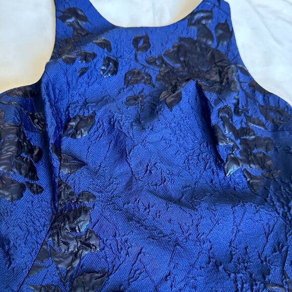 Teri Jon Rickie Freeman Blue Black Floral Jacquard High Low Gown Size 2 Dress - Picture 6 of 12